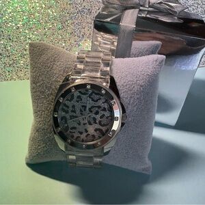 Anne Klein Crystal Leopard Face with Crystal Bezel Number Indices Watch